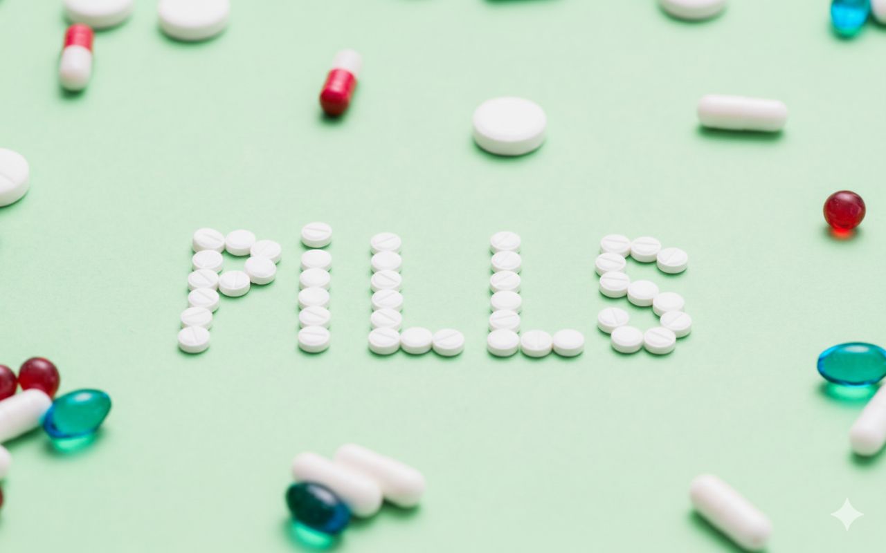 White pills arranged to spell PILLS on a green background, surrounded by scattered capsules and tablets, representing medication and compounded GLP-1 pills.