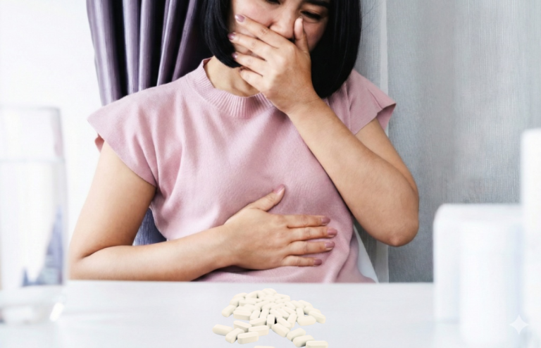Woman experiencing nausea while sitting at a table with GLP-1 pills, illustrating a common side effect of GLP-1 weight loss medication.