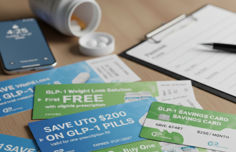 GLP-1 pill coupons and savings cards displayed on a desk alongside a smartphone, prescription bottle with pills, and a medical clipboard, highlighting discounts and cost savings for GLP-1 weight loss medications.
