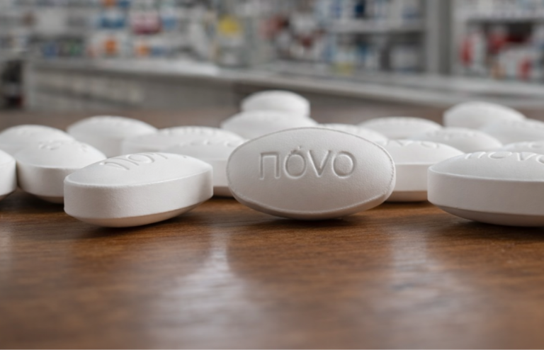 Close-up of several white oval pills on a wooden surface, with one pill in the foreground labeled “nòvo,” and blurred pharmacy shelves filled with colorful medicine boxes in the background.