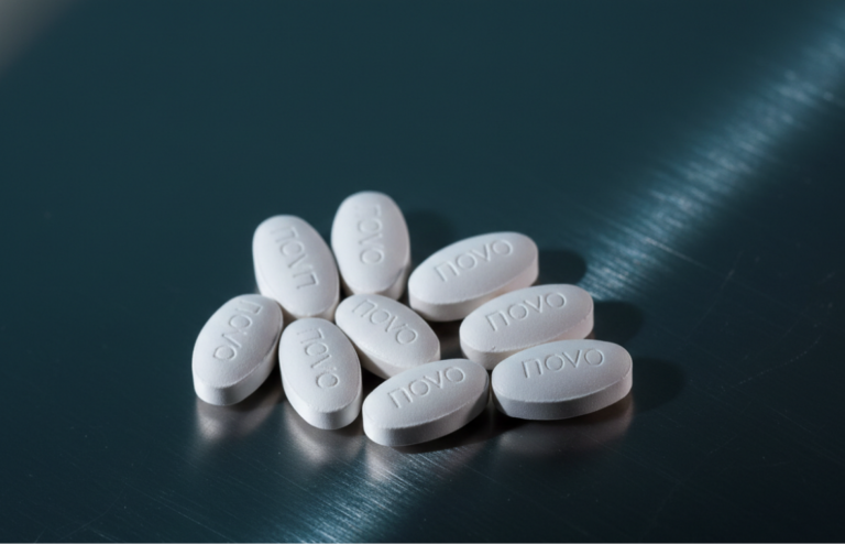 White oval GLP-1 tablets with “novo” imprint arranged on a dark reflective surface.