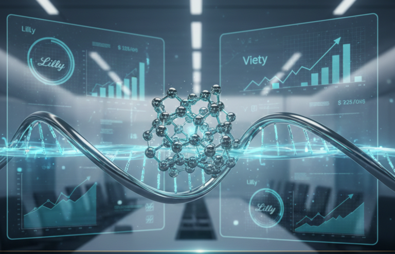 Futuristic digital illustration showing a molecular structure and DNA strand with data dashboards labeled Lilly and Viety in the background, representing Lilly’s billion-dollar acquisition to expand its inflammation drug pipeline.