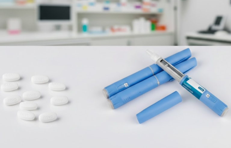 Oral medication tablets beside injectable GLP-1 pens on a clinical table, illustrating pills versus needle-based treatment options.