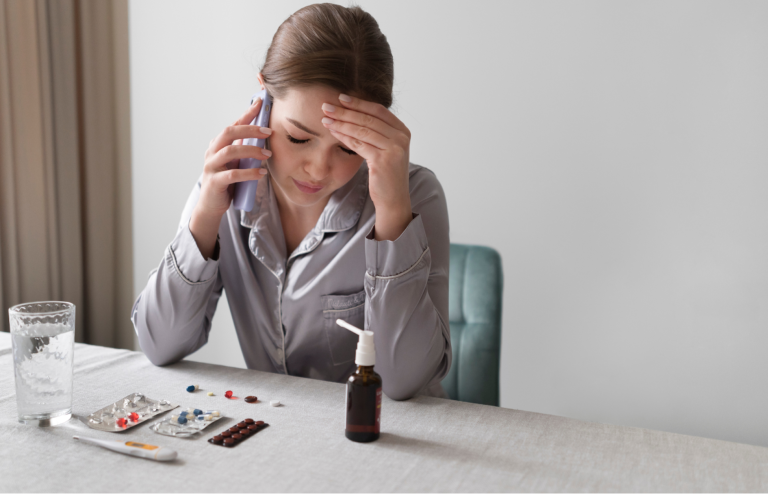 Woman sitting at a table holding her head while talking on the phone, with scattered pills, a glass of water, and a medicine bottle nearby.