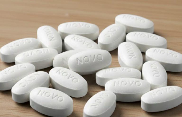 White oval tablets stamped “NOVO” scattered on a wooden surface.