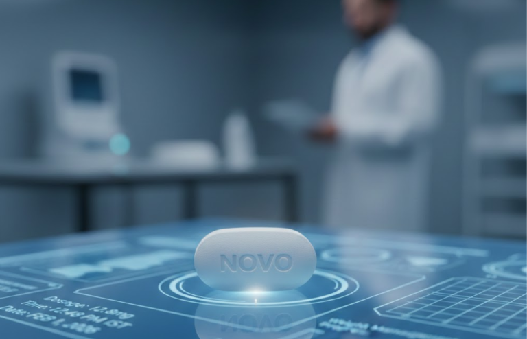 Oral Wegovy tablet labeled “NOVO” displayed in a laboratory setting, representing the FDA-approved non-injectable weight management medication.