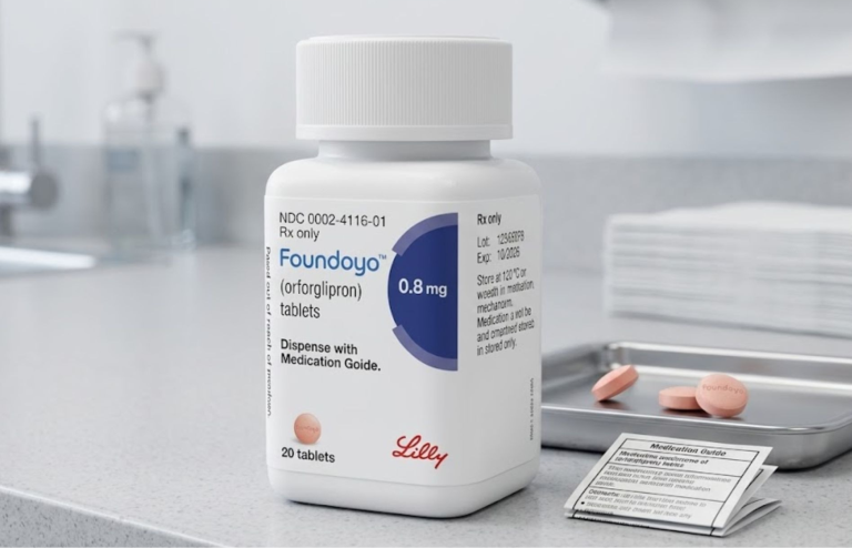 Bottle of Foundayo (orforglipron) 0.8 mg tablets by Eli Lilly placed on a clinical counter with pills and a medication guide nearby.