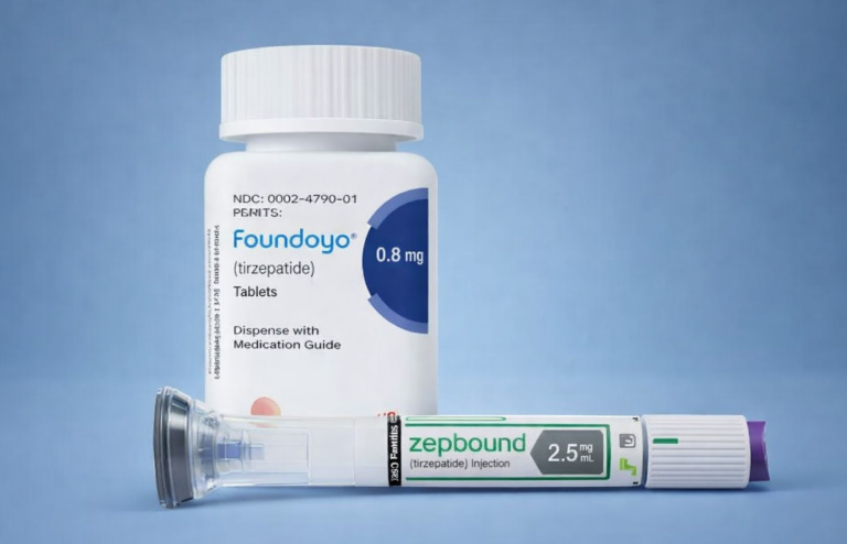 Bottle of Foundayo tablets and a Zepbound injection pen on a blue background.