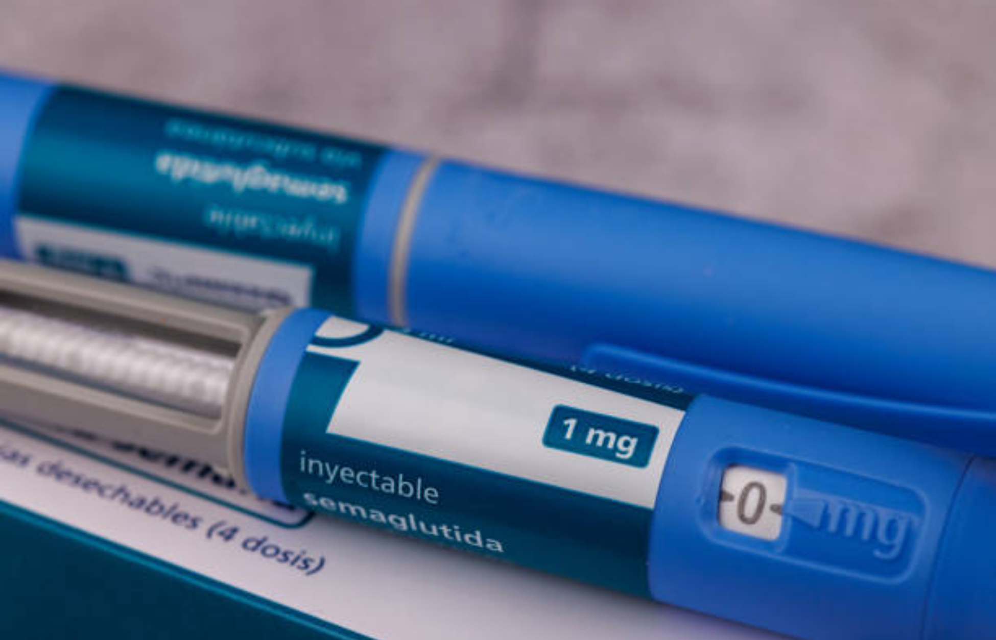 Close-up of semaglutide injection pens labeled 1 mg, used for diabetes and weight-loss treatment.