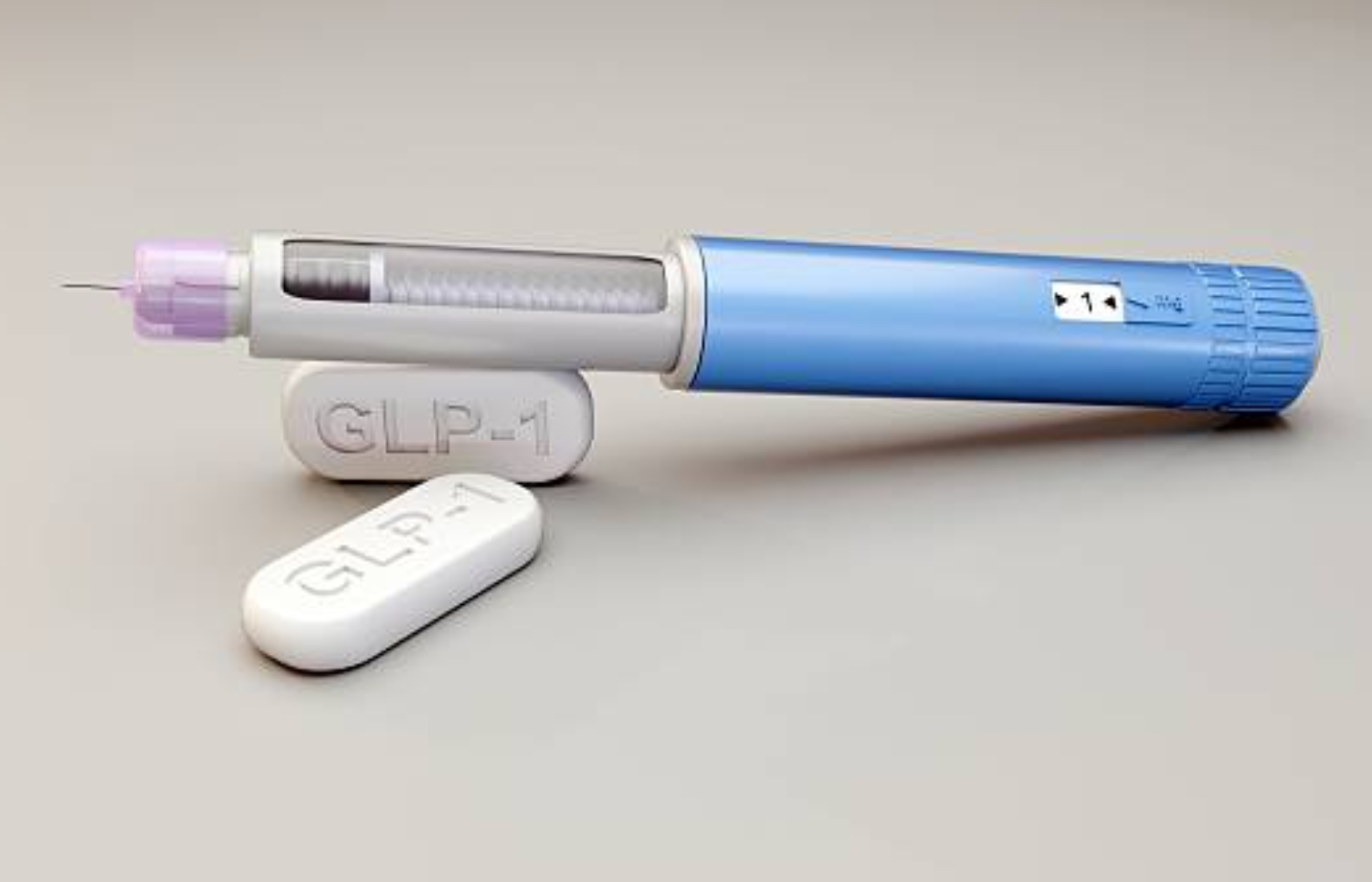 Blue GLP-1 injection pen beside white tablets labeled GLP-1 on a neutral background.