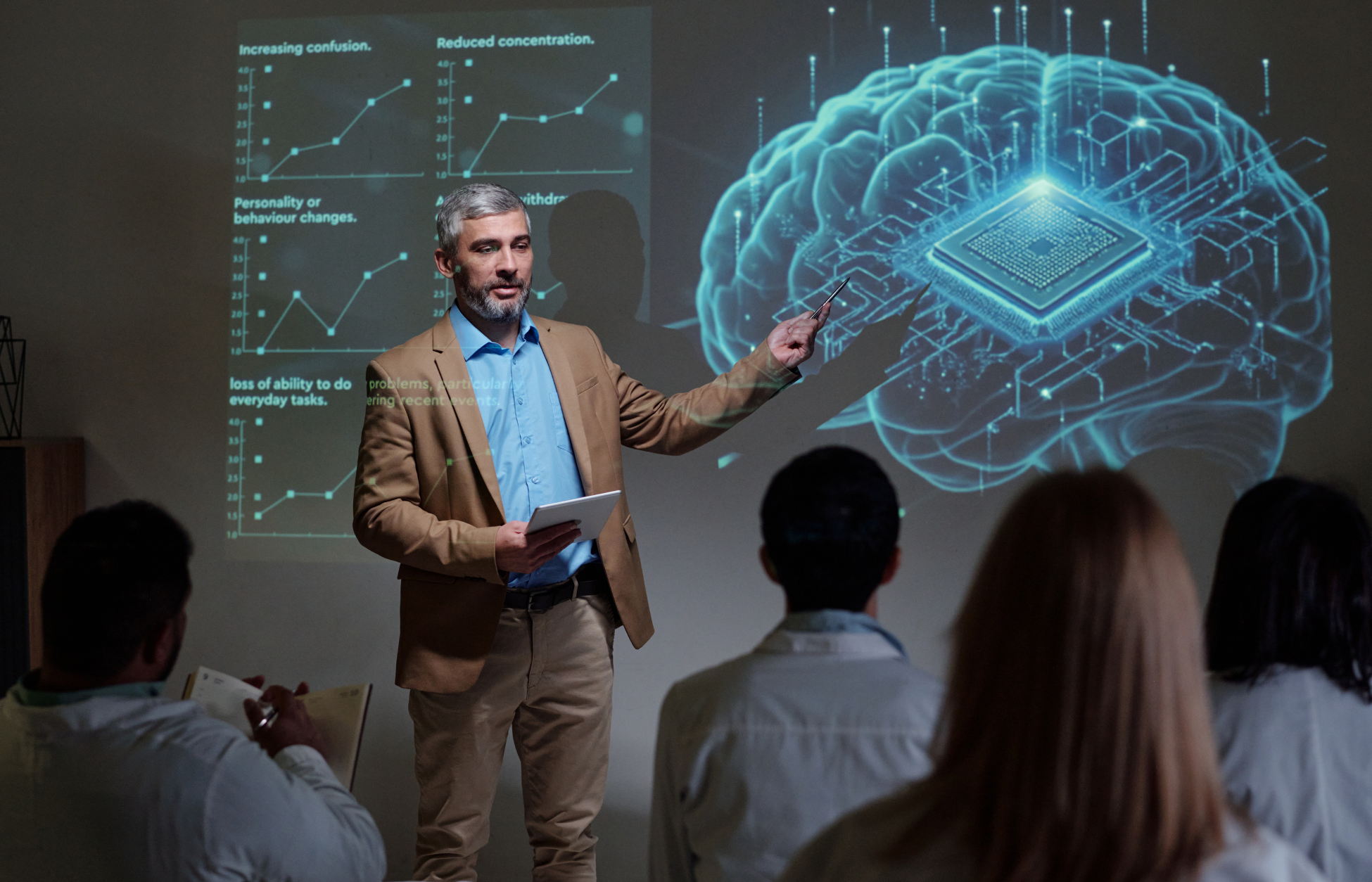 Presenter explains brain health and AI-related neurological research to a medical audience using a digital brain display.