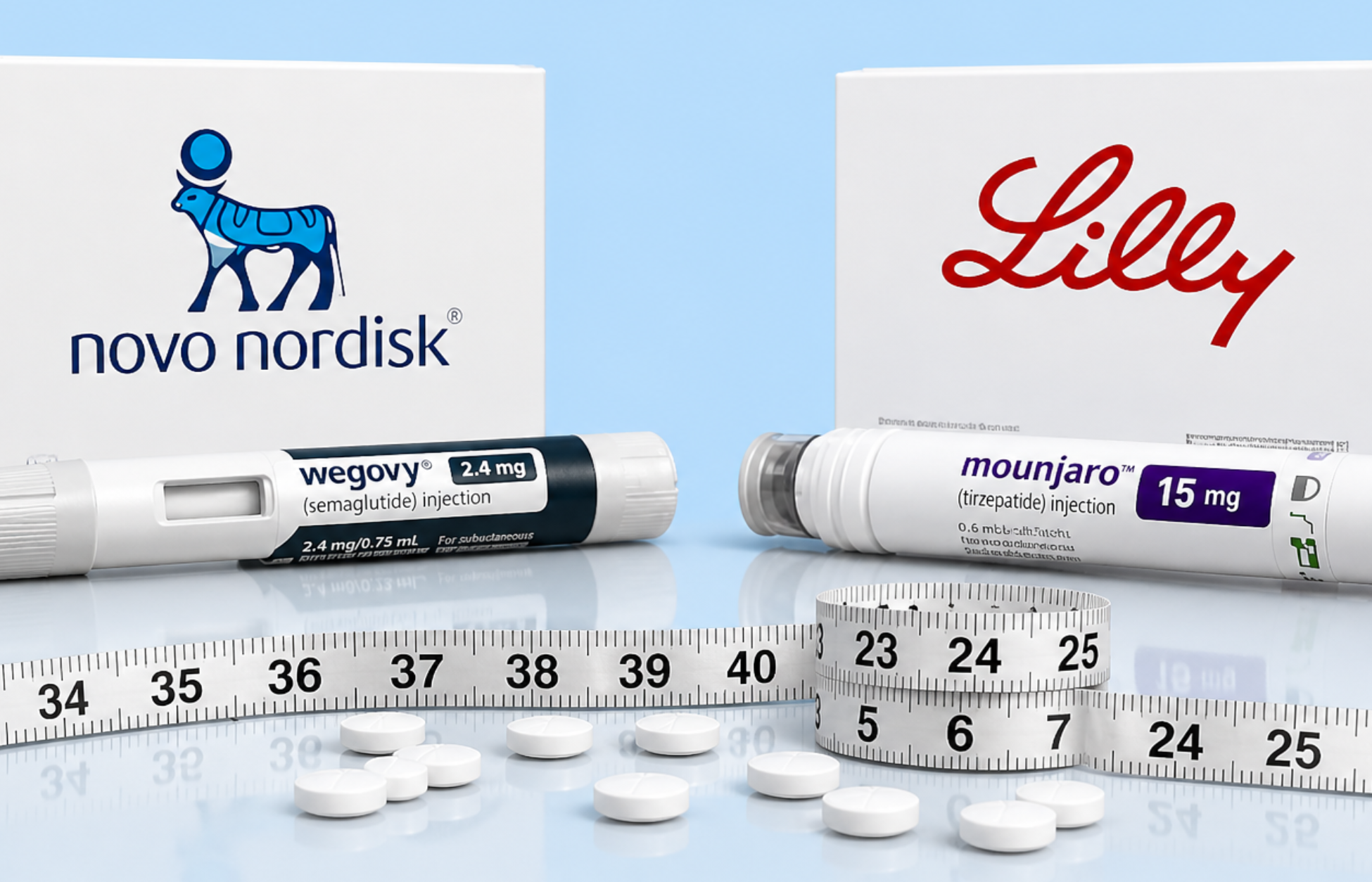 Wegovy and Mounjaro injection pens with Novo Nordisk and Eli Lilly logos alongside measuring tape and pills