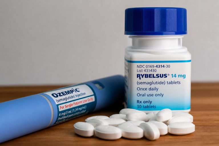 Ozempic injection pen and Rybelsus tablet bottle with pills on a table
