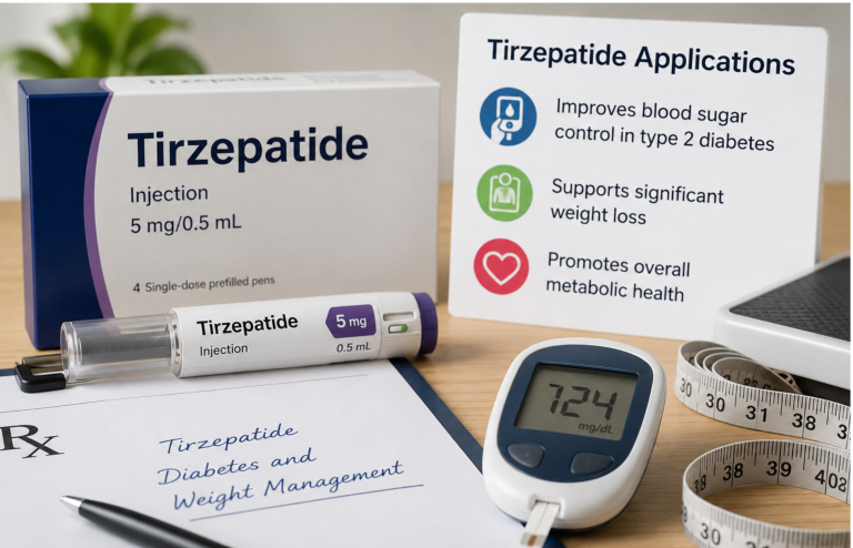 Tirzepatide injection pen with diabetes monitoring tools representing diabetes and weight management treatment.