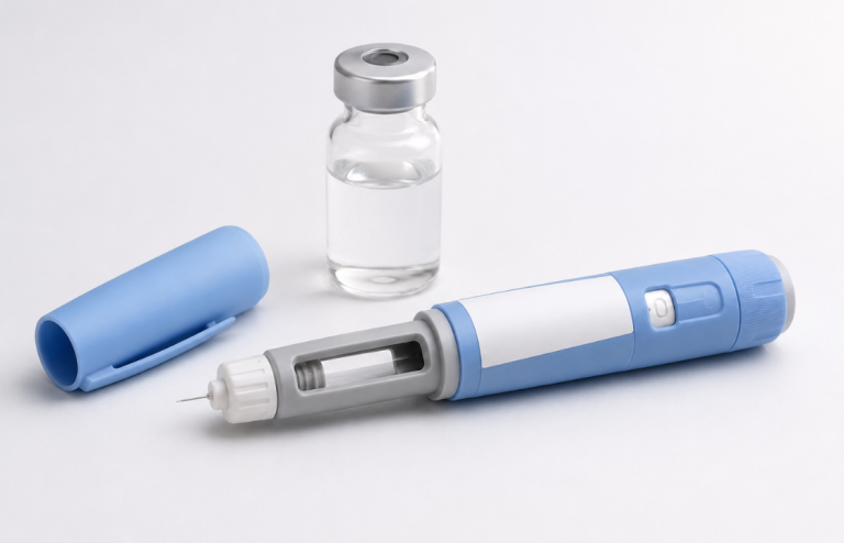 Close-up of a blue and white injectable medication pen with its cap removed, placed beside a small glass vial containing clear liquid on a clean white background.