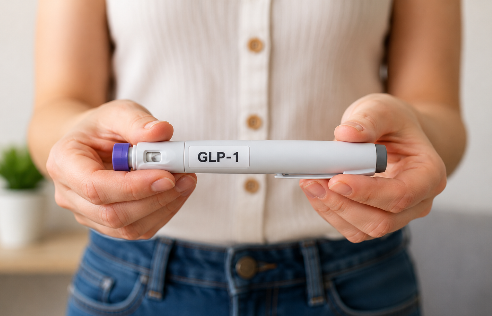 Person holding a GLP-1 injection pen in both hands, illustrating prescription weight-loss and diabetes medication.