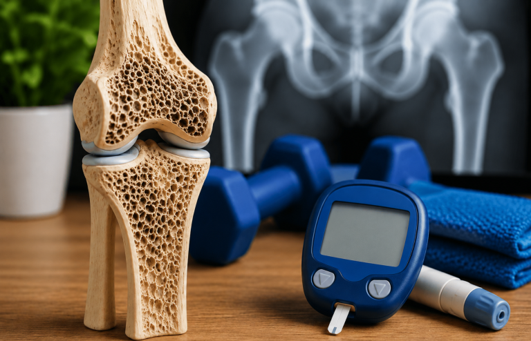 Bone model with fitness equipment and glucose monitor, illustrating bone health, diabetes management, and exercise.