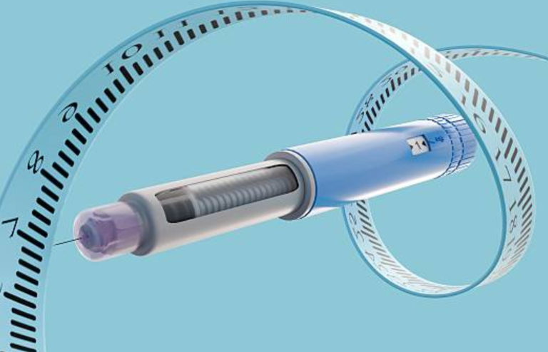 GLP-1 injection pen with a measuring tape, symbolizing diabetes treatment and weight management.