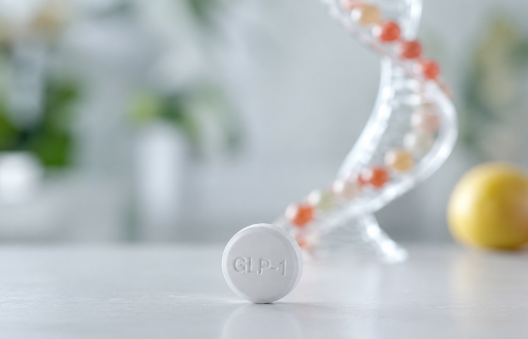Single GLP-1 tablet on a laboratory table with a blurred DNA model in the background.