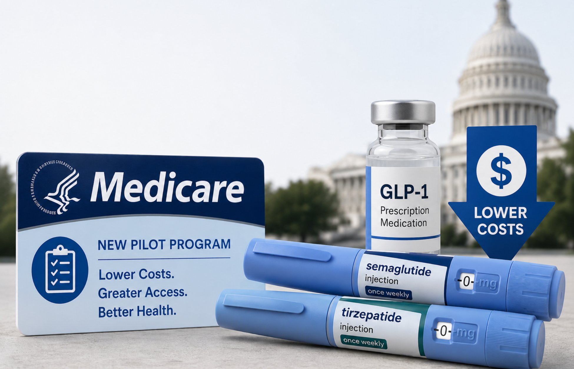 Illustration of a Medicare pilot program card beside GLP-1 medication vials and injectable pens, with a downward arrow labeled “Lower Costs” and the U.S. Capitol blurred in the background.