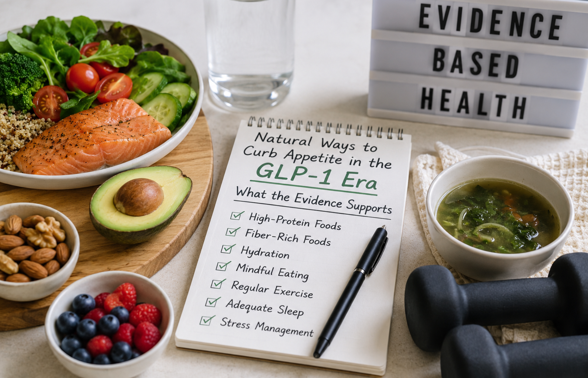 Healthy foods including salmon, avocado, vegetables, berries, nuts, soup, and water alongside an evidence-based appetite control checklist.