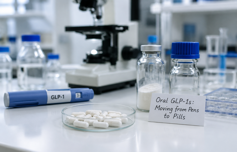 A laboratory bench displays a GLP-1 injection pen beside white capsules in a petri dish, sample vials, and a microscope, illustrating the transition from injectable to oral GLP-1 therapies.