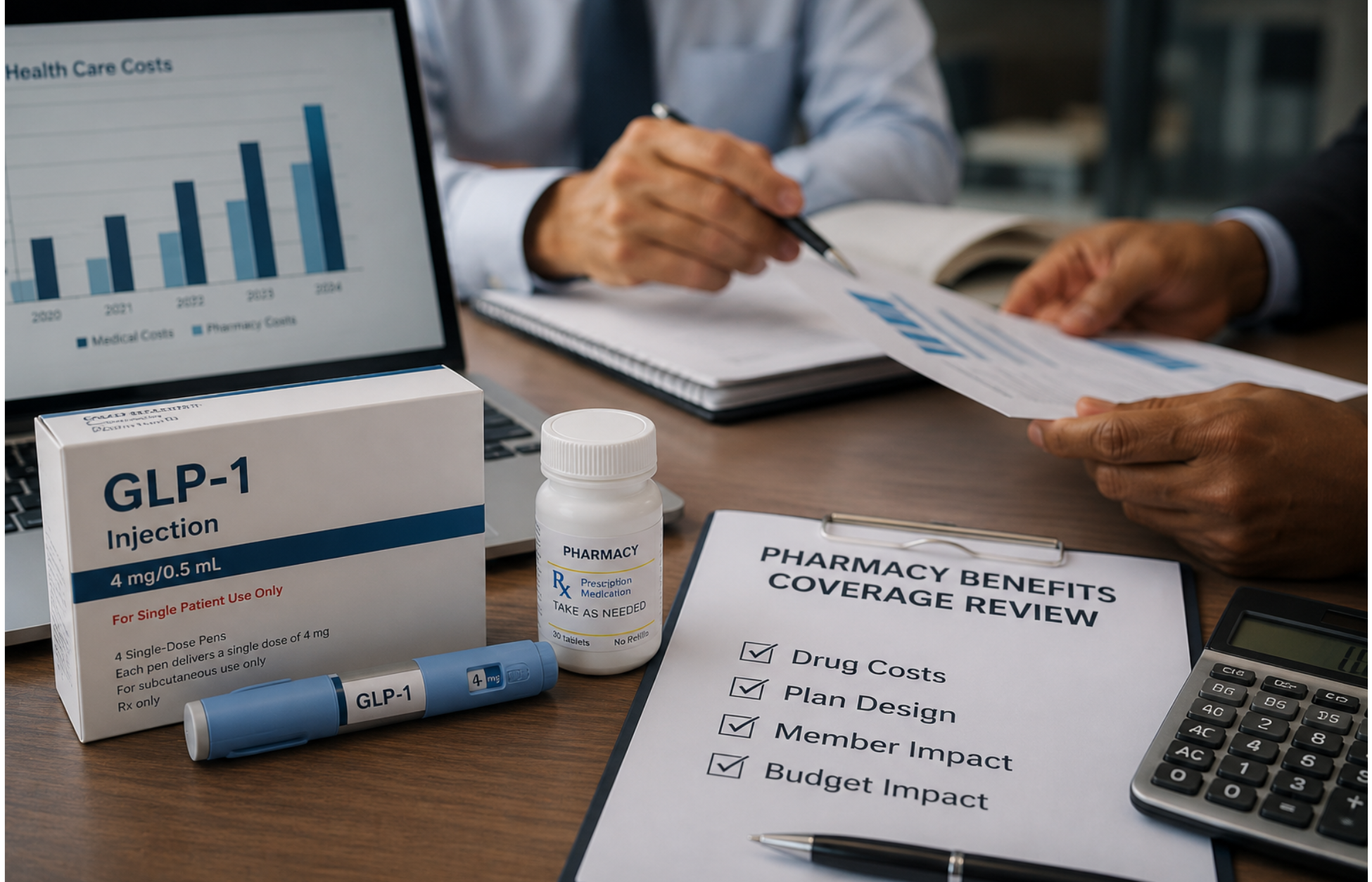 Office desk with GLP-1 injection pen, medication bottle, cost charts, and pharmacy benefits review documents.