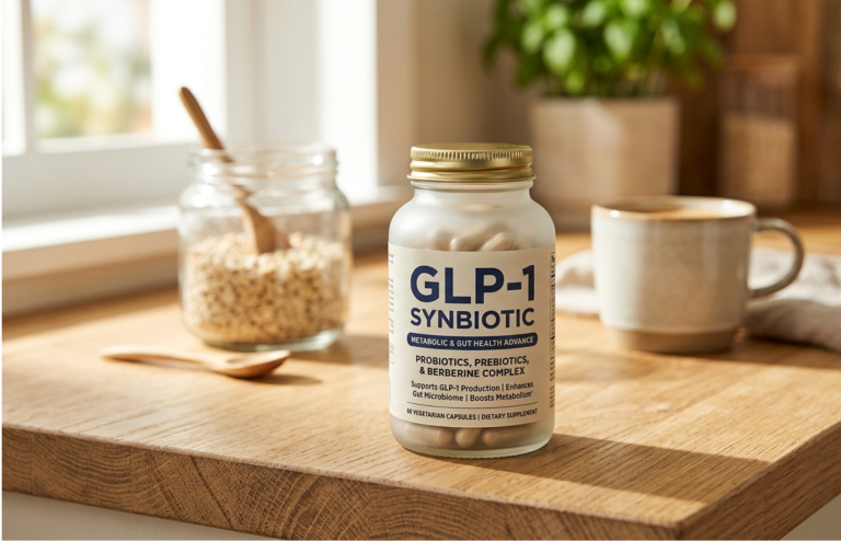 A bottle labeled “GLP-1 Synbiotic” sits on a wooden kitchen counter beside a jar of oats, a wooden spoon, and a coffee mug in warm natural light.