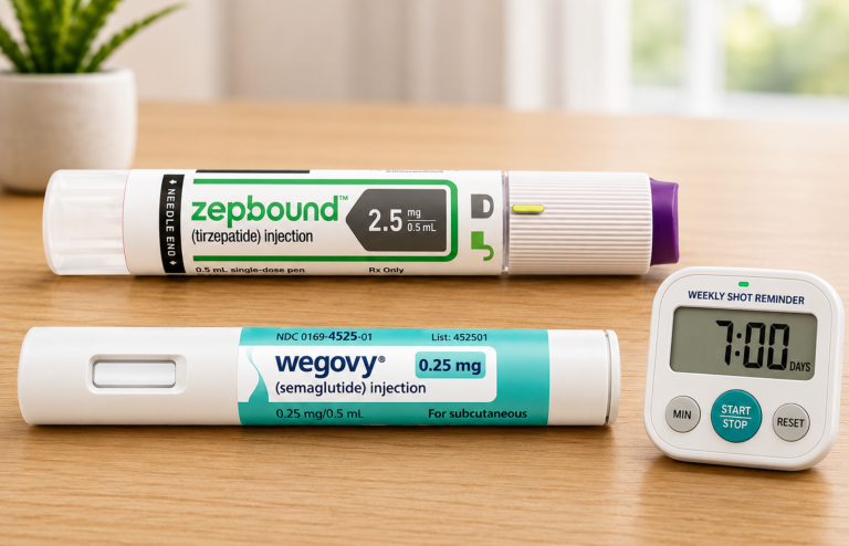 Zepbound and Wegovy injection pens on a wooden table beside a digital weekly shot reminder timer set to 7 days.