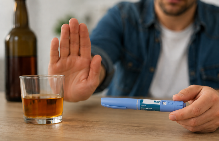 Person holding a semaglutide injection pen beside a glass of alcohol.