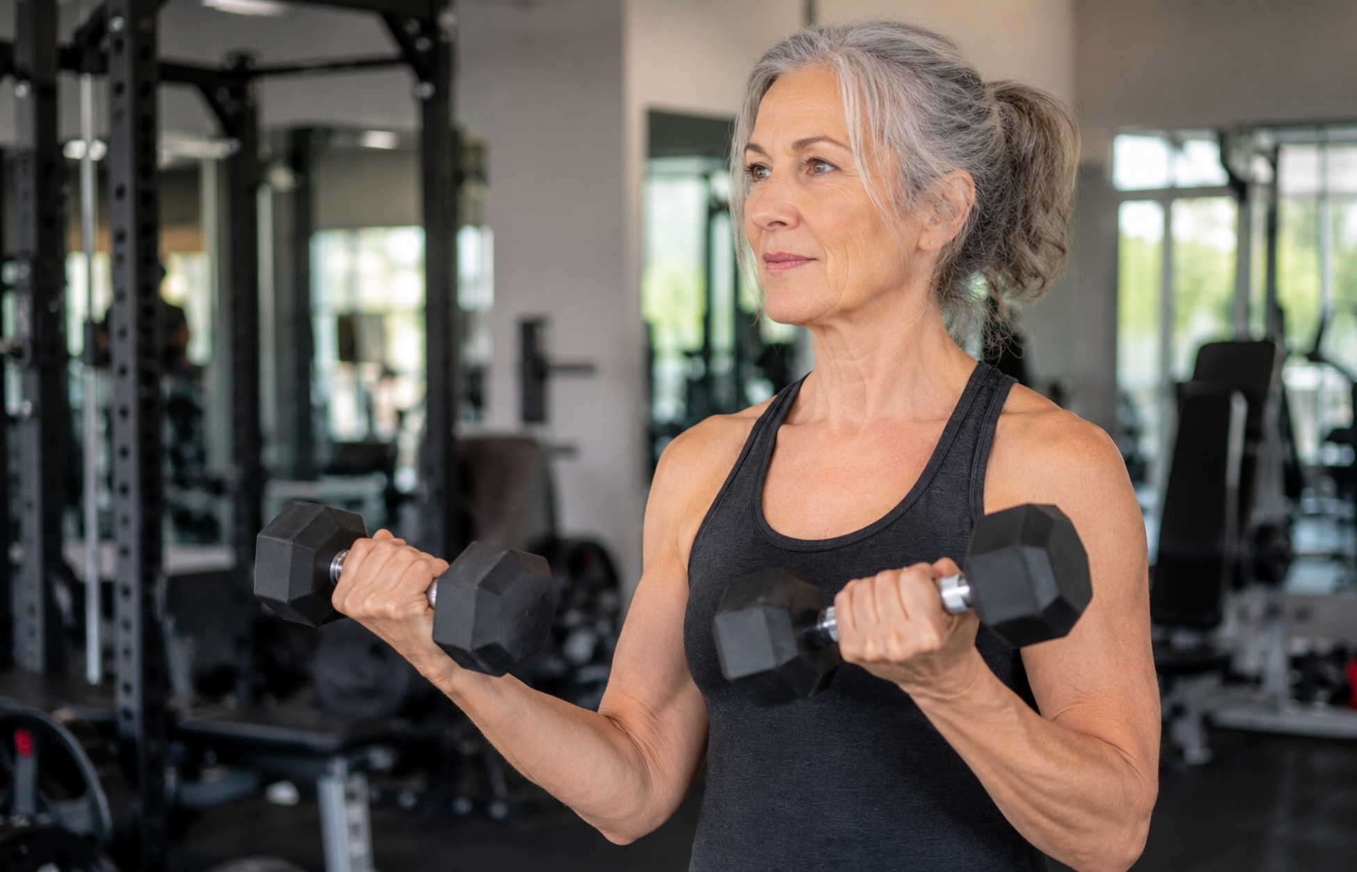 Older woman performing dumbbell bicep curls in a modern gym, highlighting strength training to support muscle health during GLP-1 therapy.