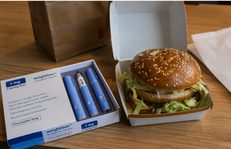 A sesame-seed burger in an open box sits beside an opened package of weight-loss injection pens on a wooden table.