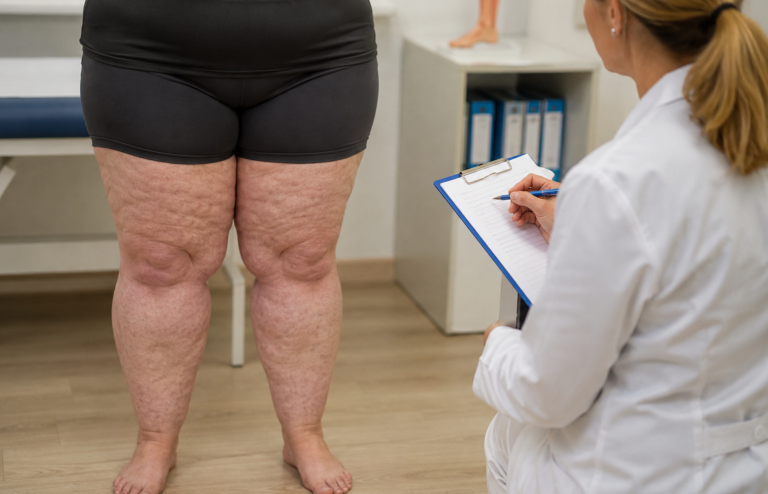 : Doctor examining a patient’s legs during a lipedema consultation