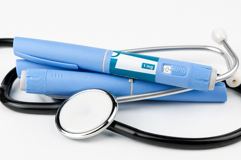 GLP-1 injection pens with a stethoscope, representing prescription weight loss medications and medical supervision.
