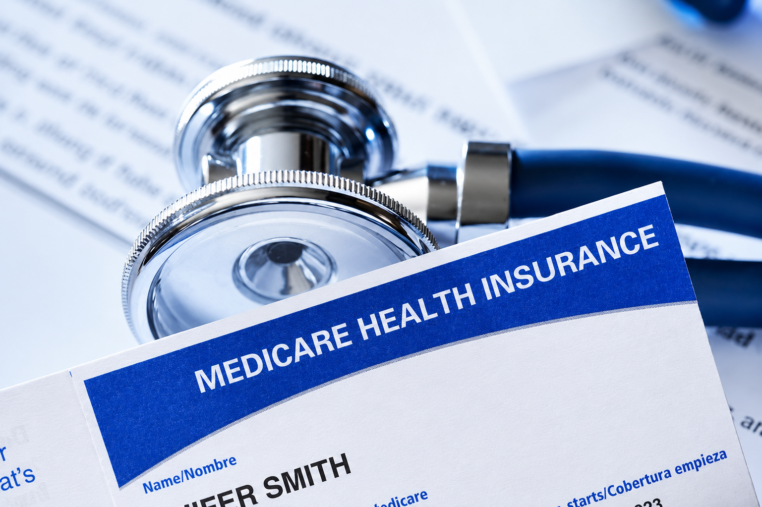 Medicare health insurance card with a stethoscope, representing healthcare coverage for prescription medications.