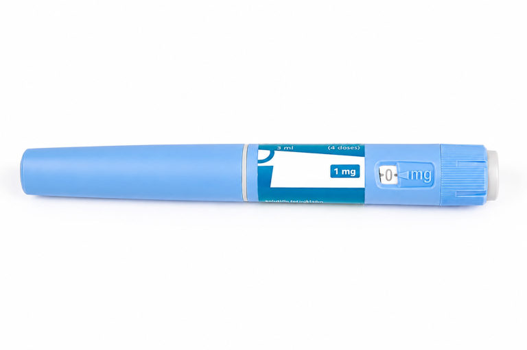 Blue GLP-1 injectable weight loss pen on a white background.