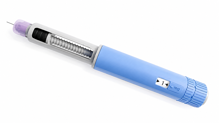 Illustration of a GLP-1 injection pen with a transparent cutaway view showing the internal dose mechanism and injection needle.