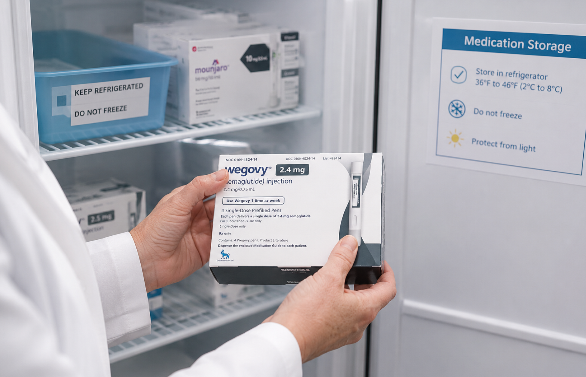 Wegovy medication box being stored in a medical refrigerator following proper storage guidelines.