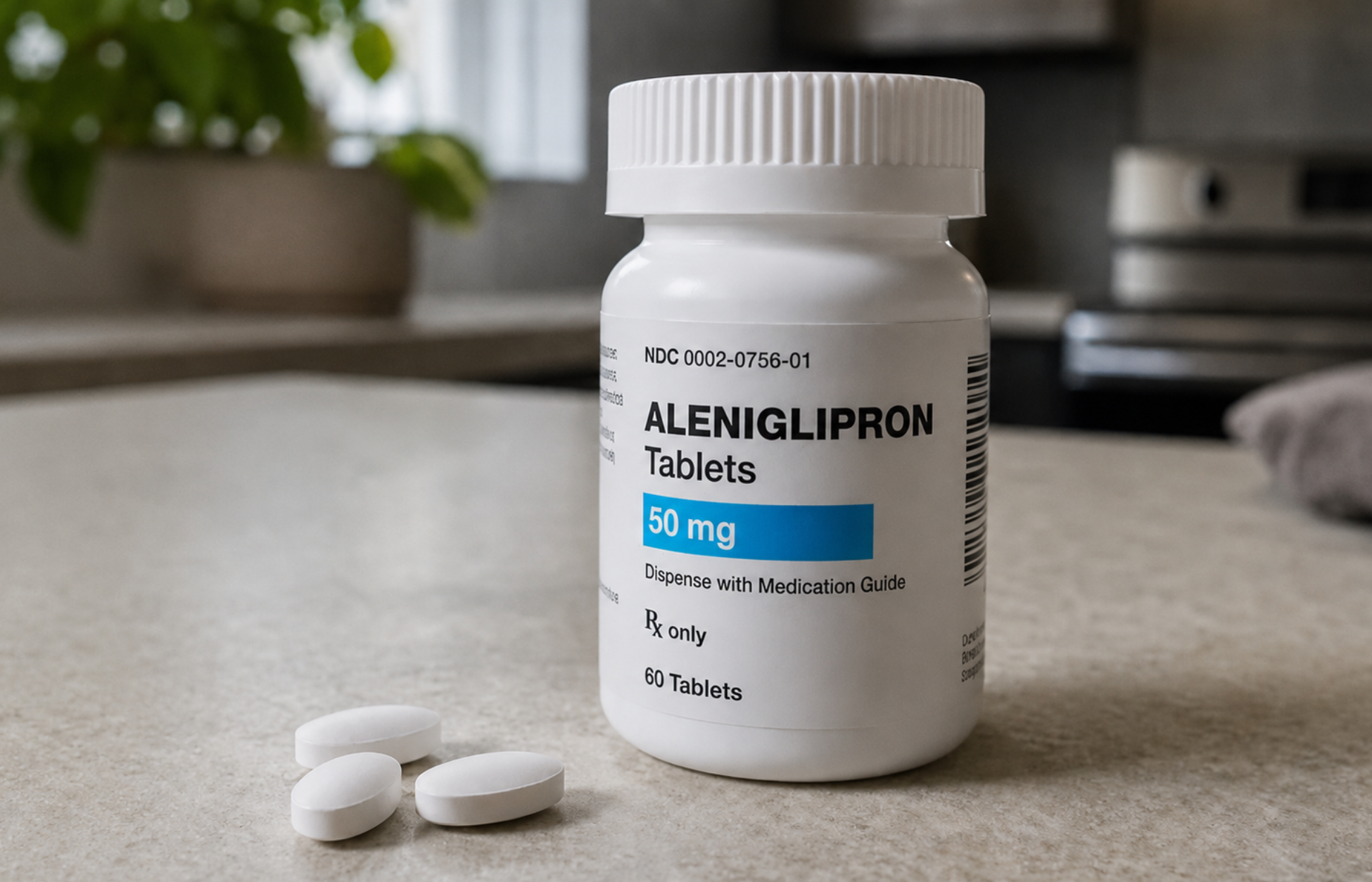 White prescription bottle labeled "Aleniglipron 50 mg" with three tablets on a kitchen countertop.