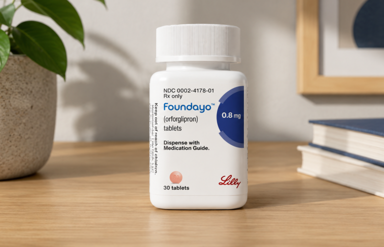 Explore oral Orforglipron (Foundayo) tablets displayed in a clean tabletop setting, highlighting a modern GLP-1 medication for weight management and type 2 diabetes.