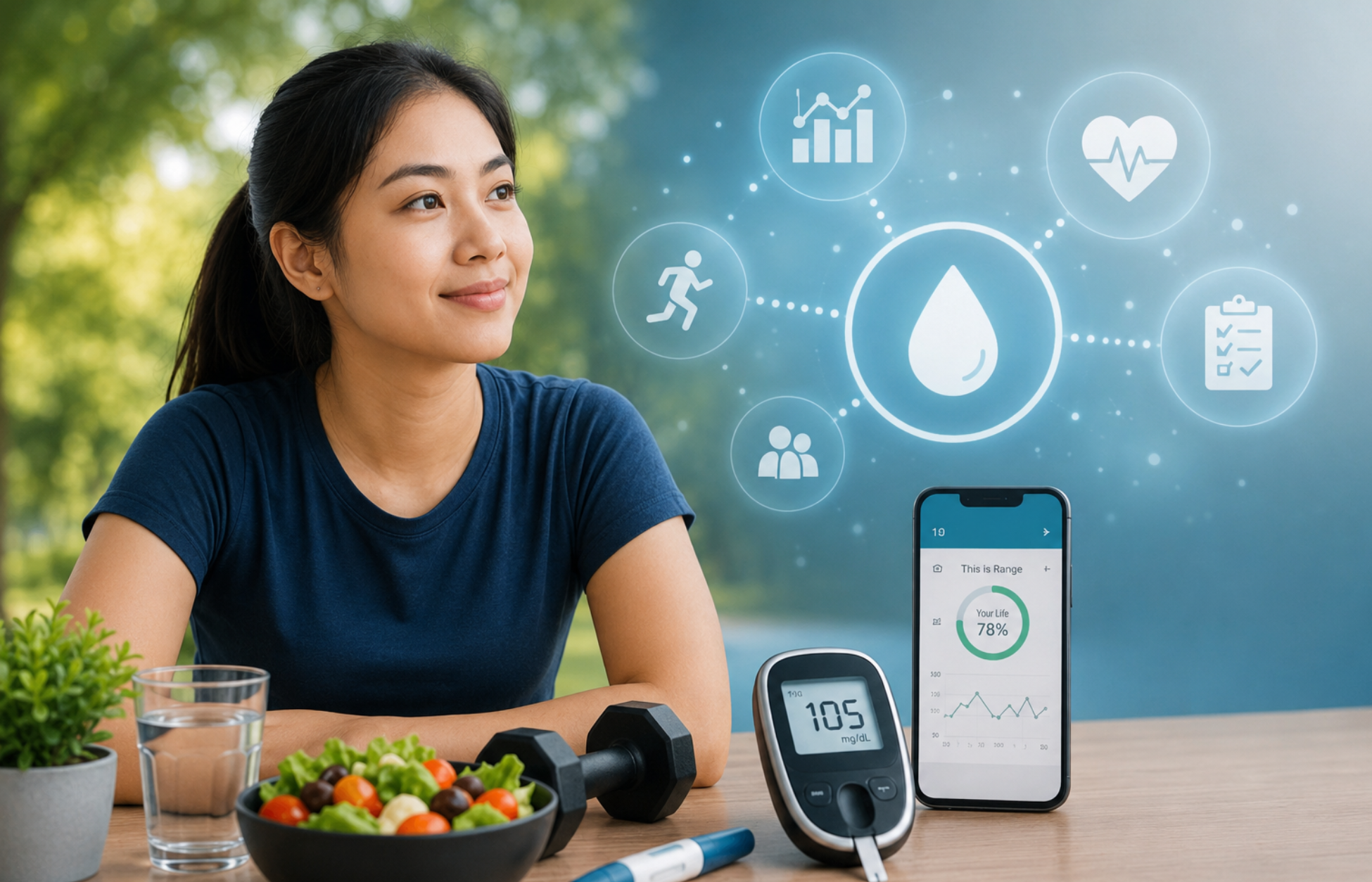 Woman with healthy food, glucose meter, smartphone, and fitness equipment representing diabetes and wellness management.