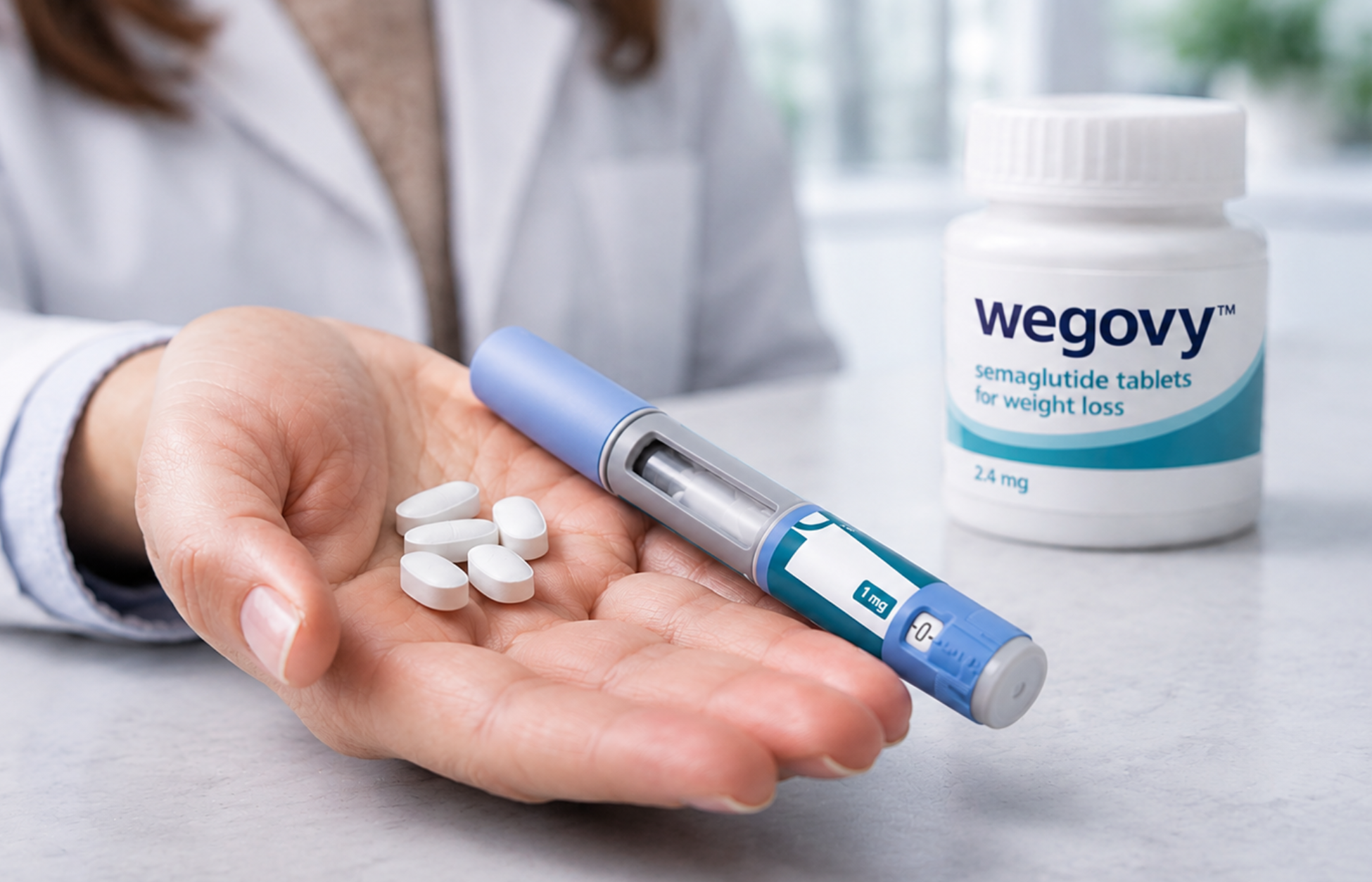 A healthcare professional holds several white tablets in an open hand beside a GLP-1 injection pen, with a Wegovy medication bottle blurred in the background on a clinical countertop.
