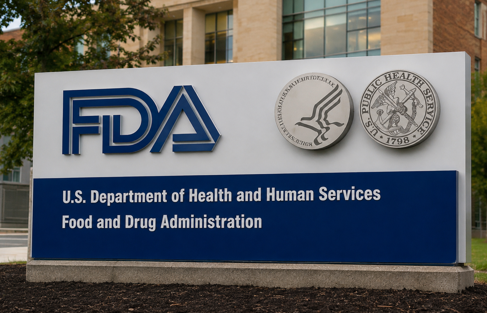 Sign outside the U.S. Food and Drug Administration (FDA) headquarters displaying the FDA logo and the U.S. Department of Health and Human Services seal.