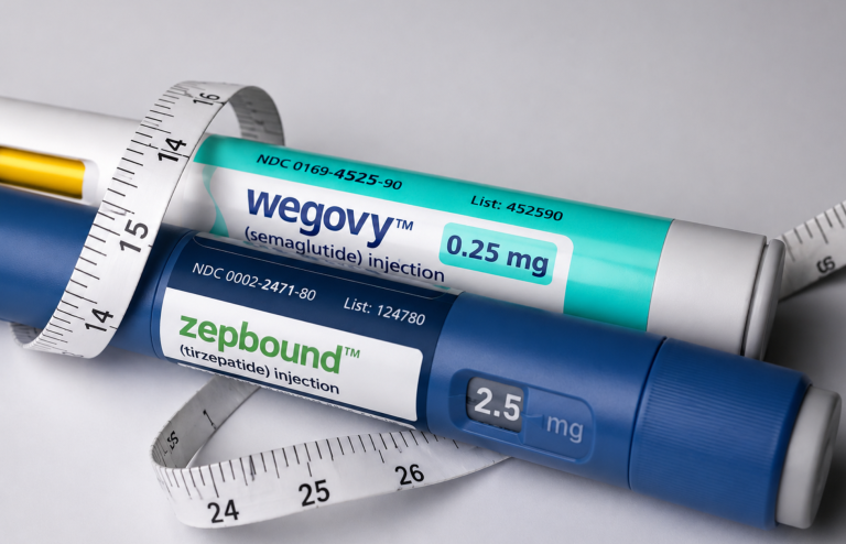 Wegovy (semaglutide) and Zepbound (tirzepatide) injection pens beside a measuring tape, representing GLP-1 weight-loss medications.
