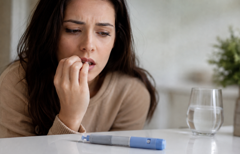 Woman biting her nails beside a GLP-1 injection pen.