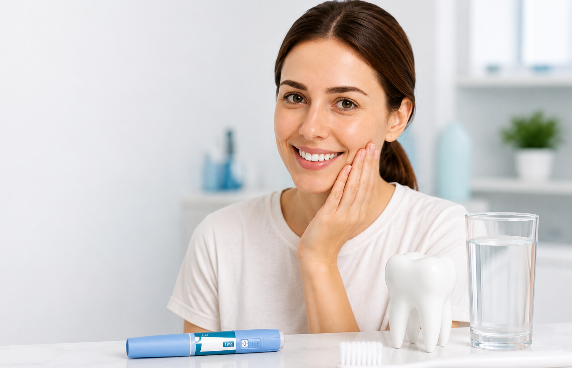Woman touching her cheek beside a GLP-1 injection pen, tooth model, and glass of water.