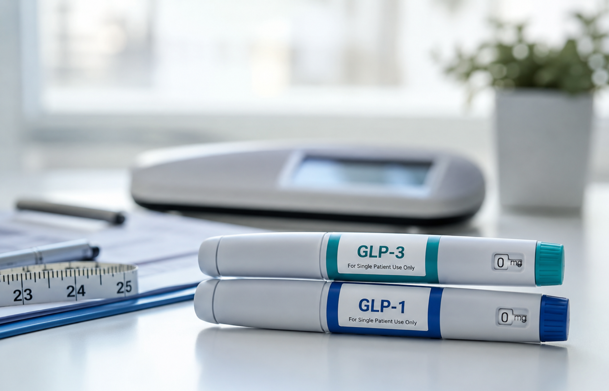 Two medical injection pens representing GLP-3 and GLP-1 placed on a clinical desk with a digital scale and medical supplies in the background.