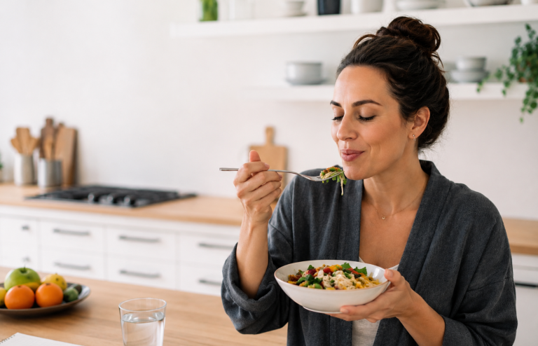 Woman enjoying a healthy meal in a bright kitchen, illustrating the return of taste while using GLP-1 medications.