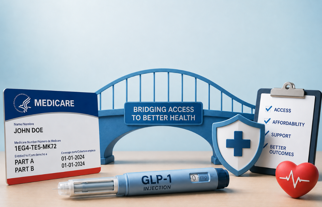Illustration of a Medicare card, a GLP-1 injection pen, a bridge labeled "Bridging Access to Better Health," a healthcare shield, a checklist, and a heart icon on a clean blue background, symbolizing improved access to healthcare and prescription medications.