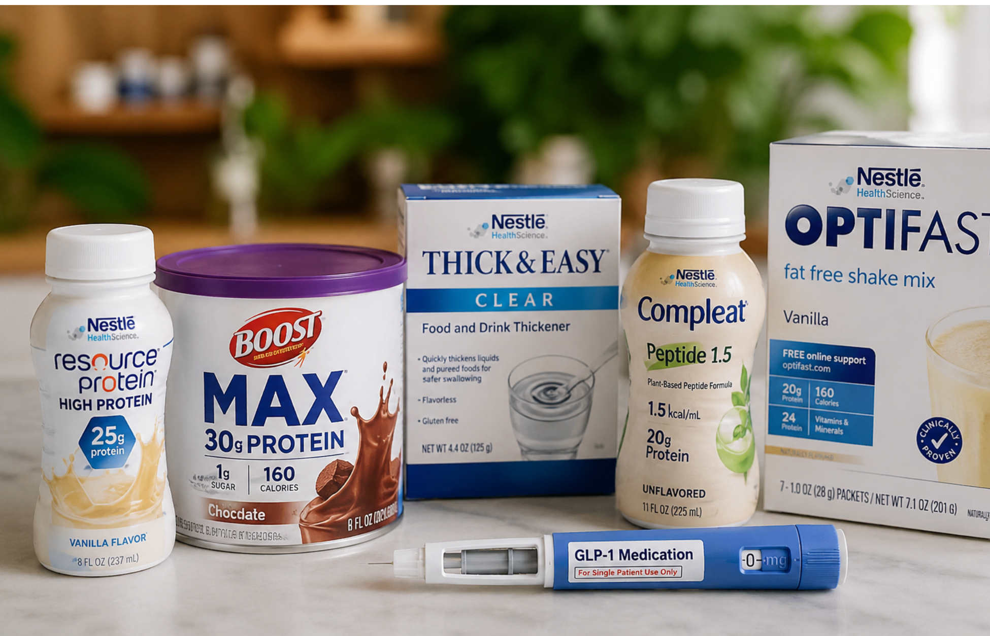 Nestlé Health Science nutrition products and a GLP-1 injection pen displayed together, highlighting specialized nutrition for GLP-1 medication users.